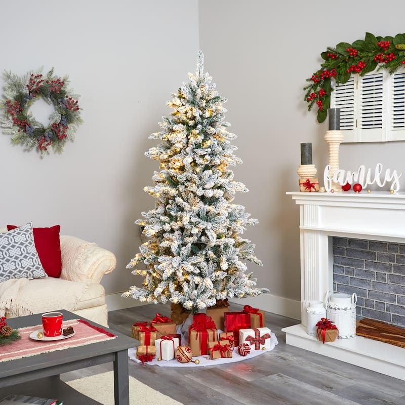 6ft Artificial Christmas Tree - Prelit Flocked Fir Tree with Warm Lights & Pine Cones - White - 72