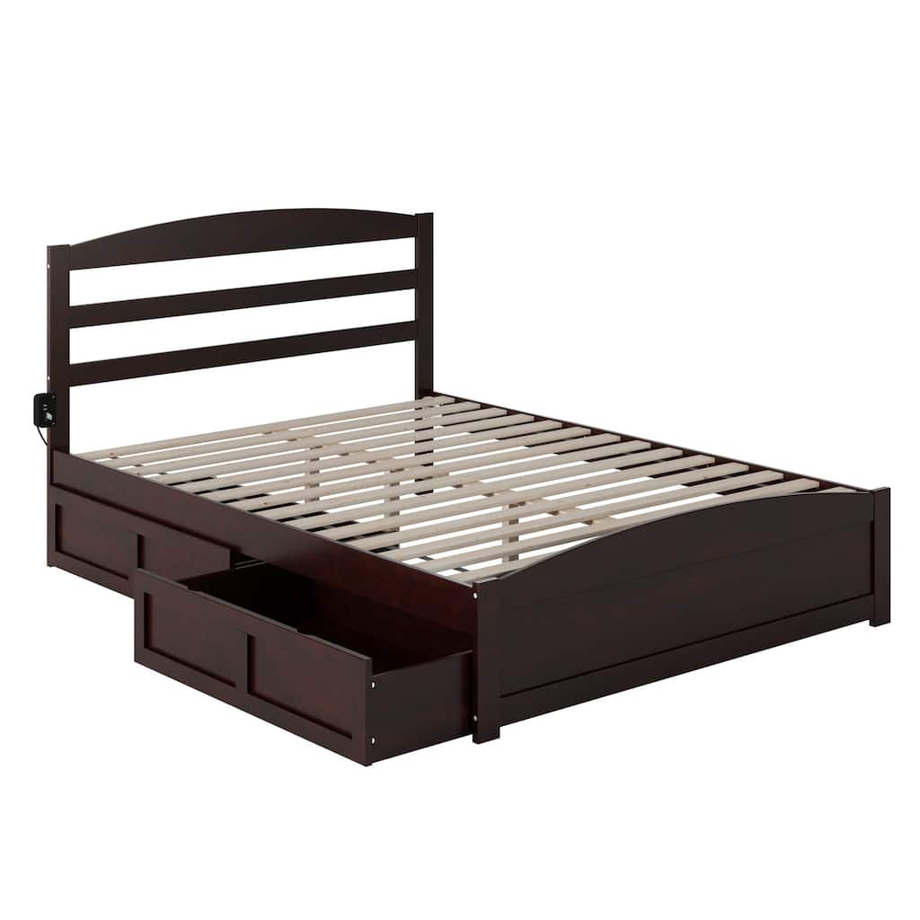 Solid Wood Platform Bed with Footboard & Drawers - Espresso Finish - Storage & Charging Station