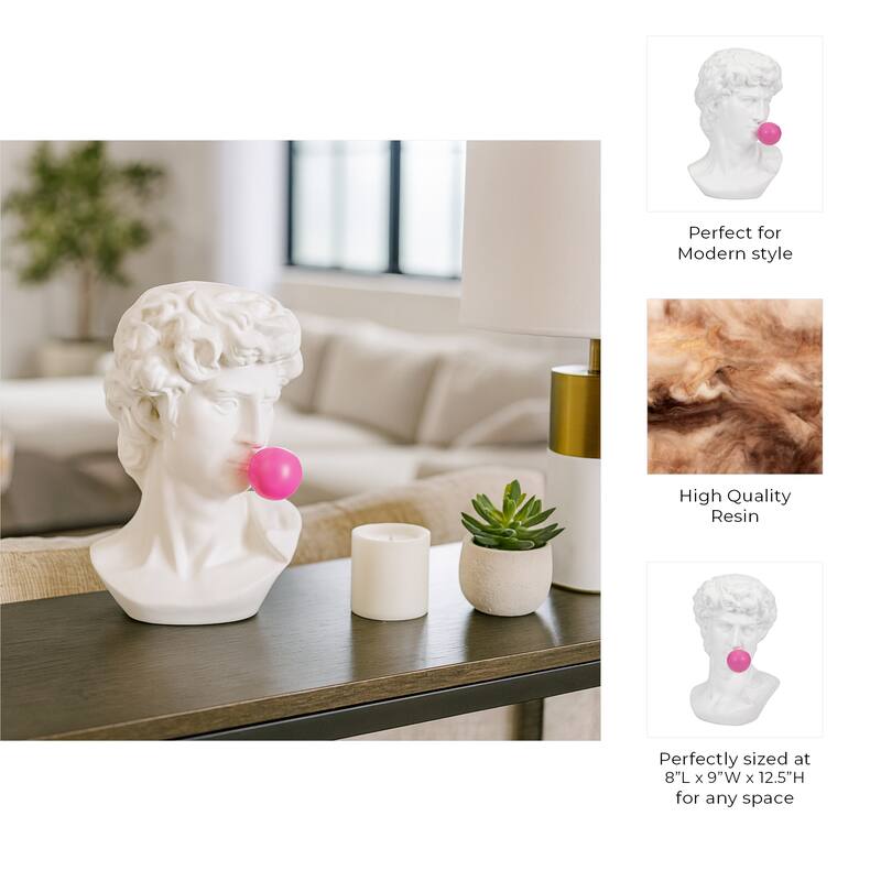 Sculptural Resin Greek God Head Statue with Gum - 13", White & Pink - 12.5"