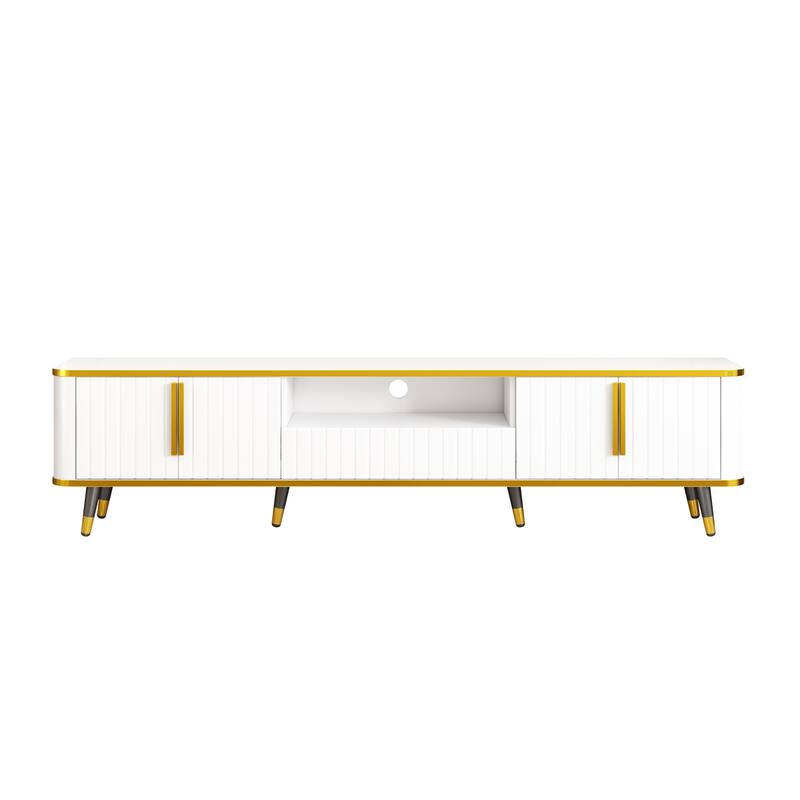 Elegant 79-Inch TV Stand with Ample Storage, Golden Elements, and Sleek Design - Ideal for Large Living Spaces.