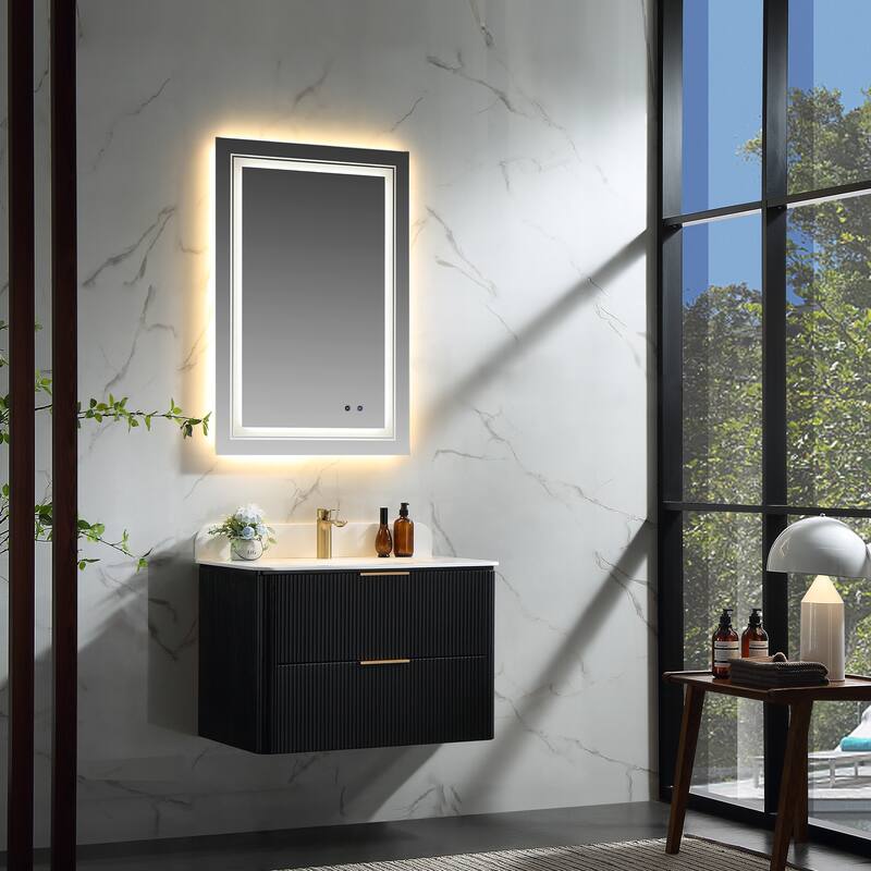 Modland Fluted Floating Vanity with Sink, Plywood Wall Mount Cabinet, Curved Edge, 24/30/36 Inch