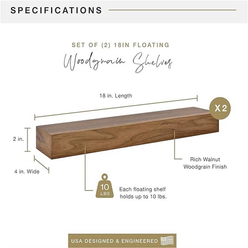 Natural Woodgrain Floating Shelves, 18 Inch x 4 Inch, Set of 2, 18 x 4 - 4"D x 18"W x 2"H