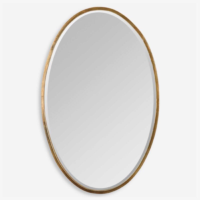 28" Arletta Oval Beveled Wall Mirror w Narrow Plated Gold Finish Frame