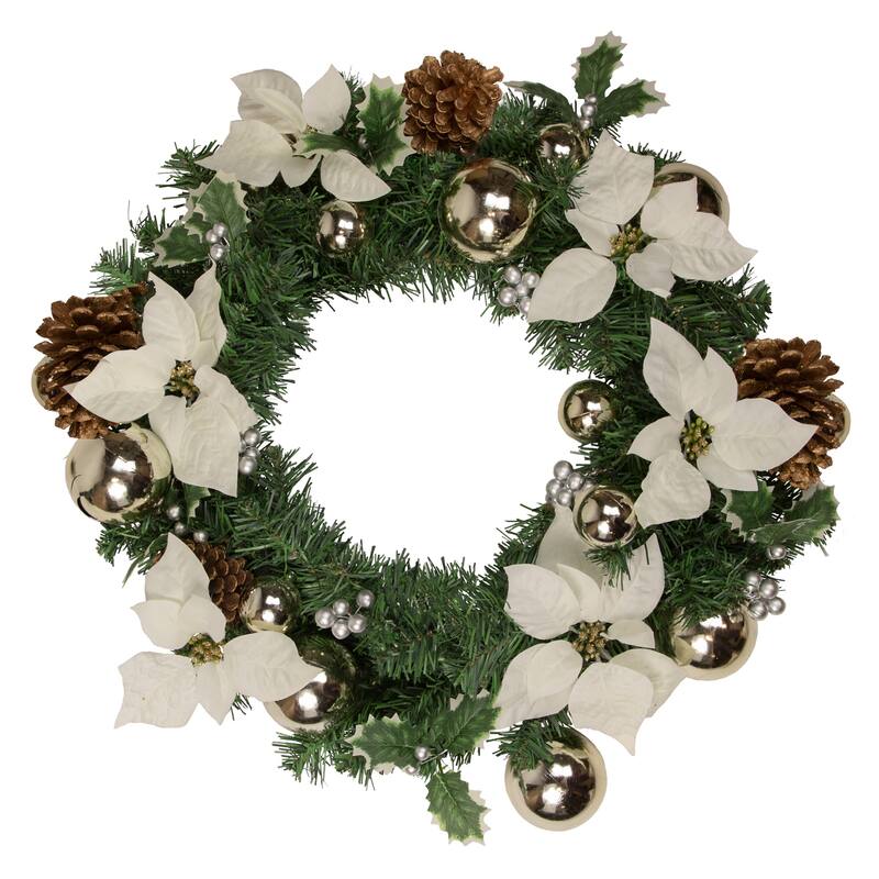Decorated Cream Poinsettia Berry Artificial Christmas Wreath 24" Unlit