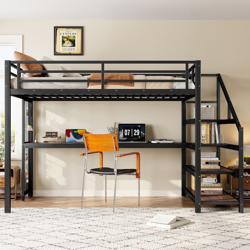 Twin XL Loft Bed with Desk, Storage Stairs & LED Lights - Metal Frame, USB Ports, Noise-Free - Black - Twin XL