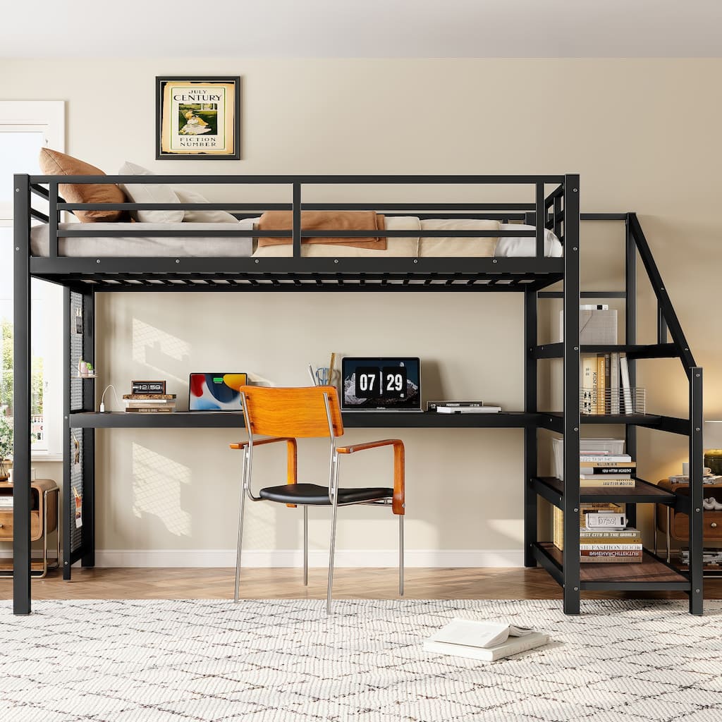 Twin XL Loft Bed with Desk, Storage Stairs & LED Lights - Metal Frame, USB Ports, Noise-Free