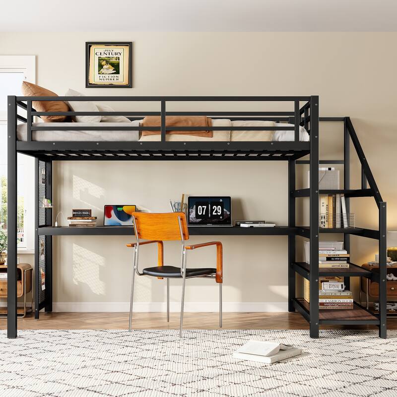 Twin XL Loft Bed with Desk and Storage Stairs, Metal Loft Beds with LED Lights, USB Ports, Multifunctional Iron Nets