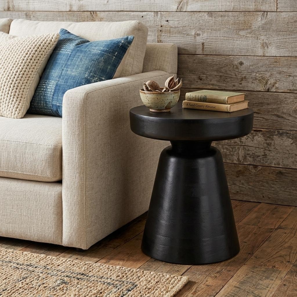 HomeRoots 18" Black Solid Wood Round Pedestal End Table - 16.00 in. x 18.00 in. x 16.00 in.