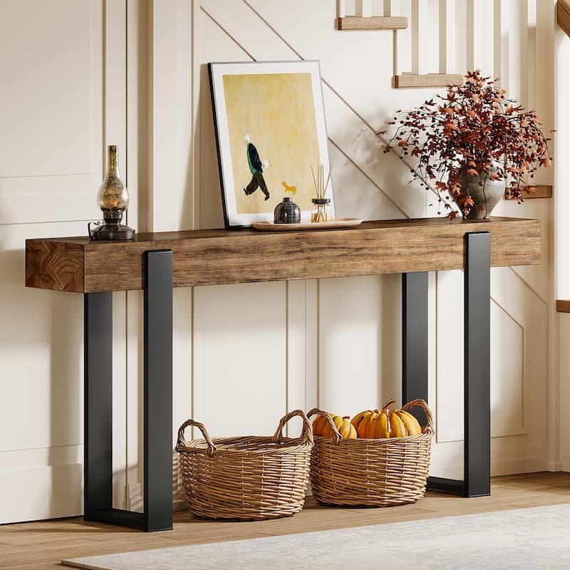 63-Inch Solid Wood Sofa Table Behind the Couch with Metal Support - Rustic Brown + Black