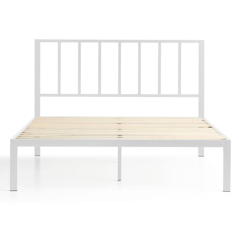 Modern White King Metal Platform Bed with Vertical Bar Headboard