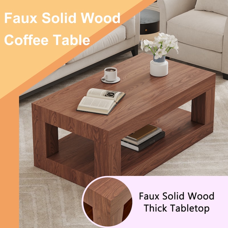 Modern 2-Tier Coffee Table, Rectangular Center Table with Open Storage Shelf, Stable and Durable, Easy Assembly