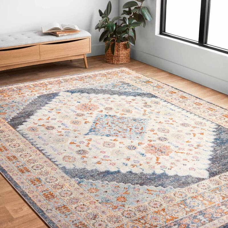 Alexander Home Jennifer Collection Diamond Border Distressed Area Rug - 2'5" x 10'6" - Pebble/ Fiesta - Rectangle