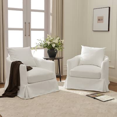 KINWELL 32" W Down Fill Upholstered Slipcovered Swivel Barrel Accent Armchair
