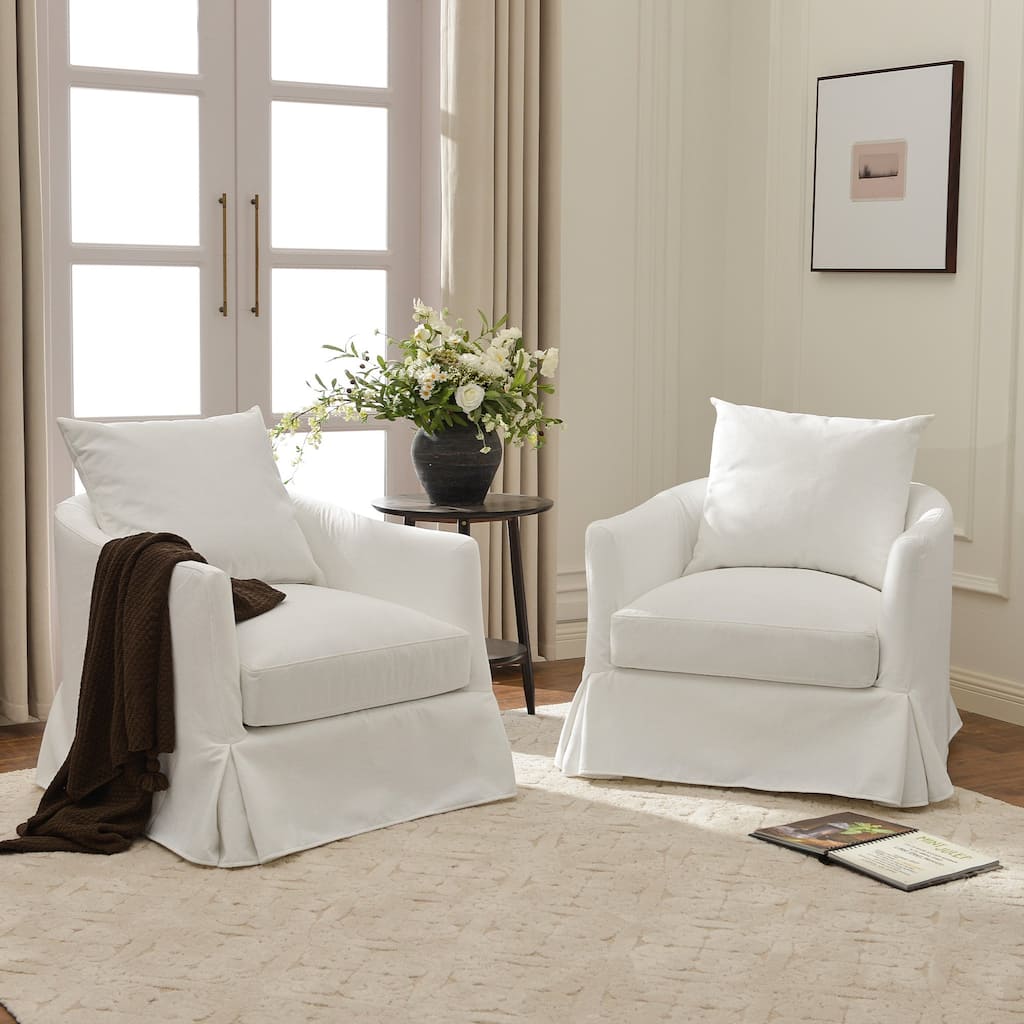 KINWELL 32" W Down Fill Upholstered Slipcovered Swivel Barrel Accent Armchair