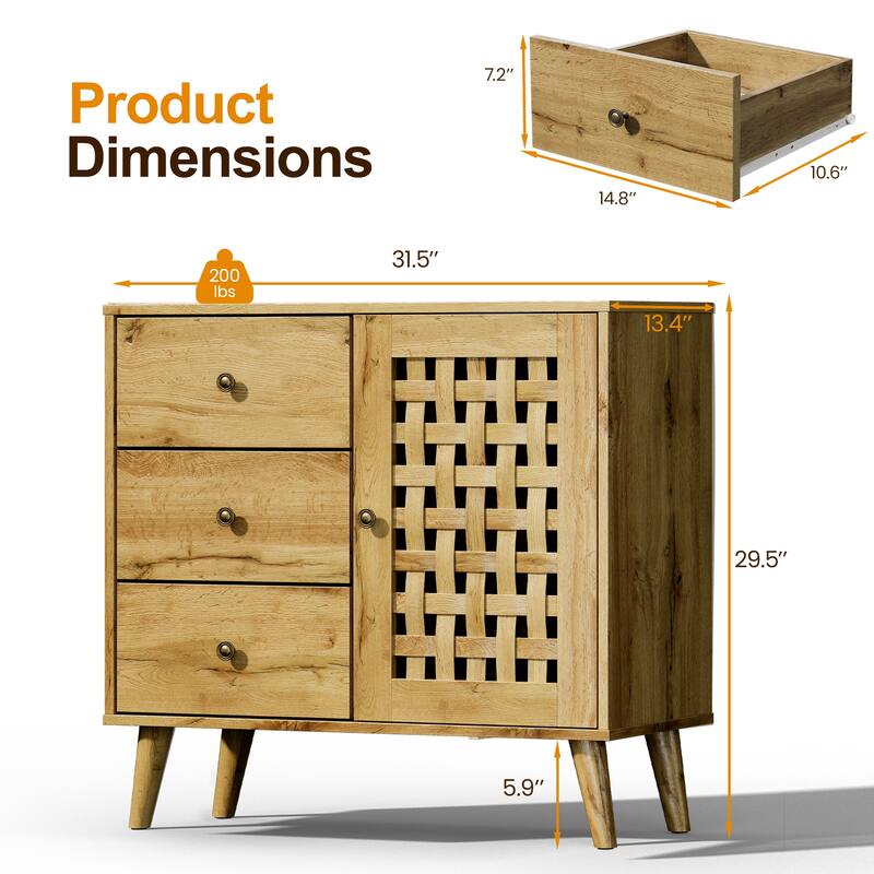 Vintage Wooden Storage Cabinet with Basket Weave Wooden Door & 3 ...