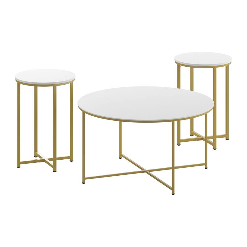 White Coffee Table with Matte Gold Frame - Living Room Furniture - 15.75" - 35.5"W x 15.75" - 35.5"D x 19.25" - 24"H