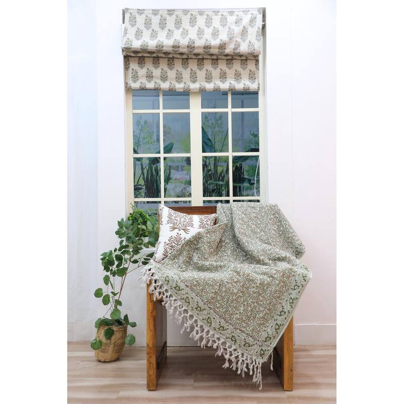 Fabdivine Keri Jaal Handcrafted Cotton Throw - Traditional Indian Block Print Blanket with Fringe, 90" x 54"