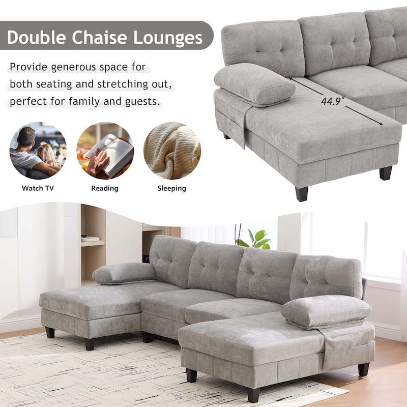 Anmytek 103.5"Chenille U-Shaped Sectional Sofa with Dual Chaise Lounges, Storage Pockets & Armrest Pillows