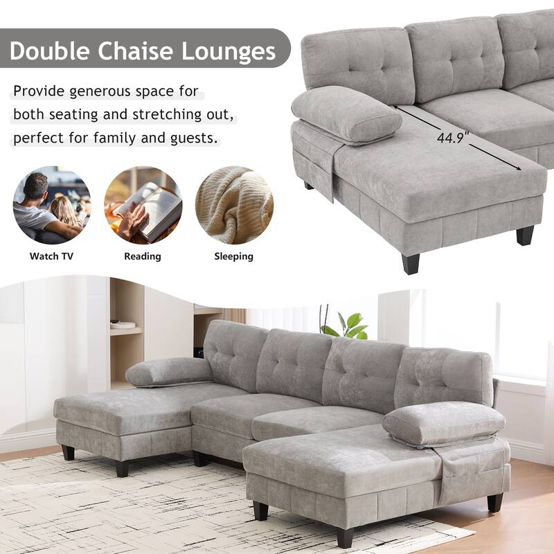 U-Shaped Modular Sectional Sofa with Dual Chaise Lounges, Chenille Fabric Cloud Couch with Storage Pockets & Armrest Pillows