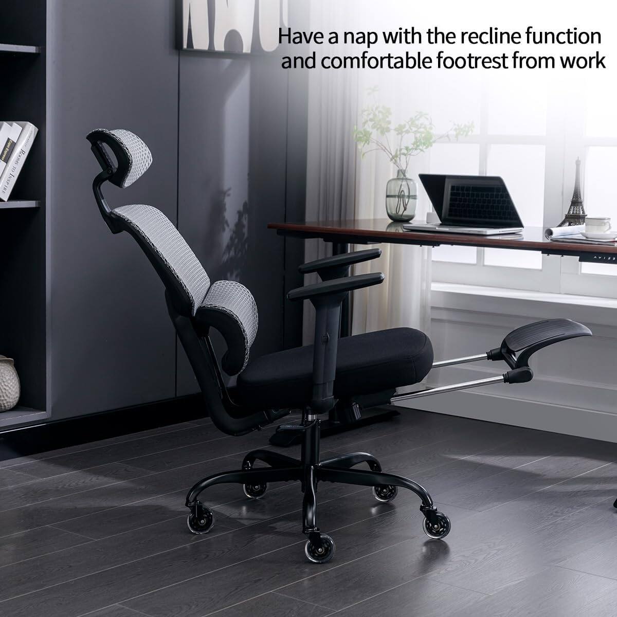 Ergonomic Office Chair with Foot Rest, Rubber Wheels Desk Chair On