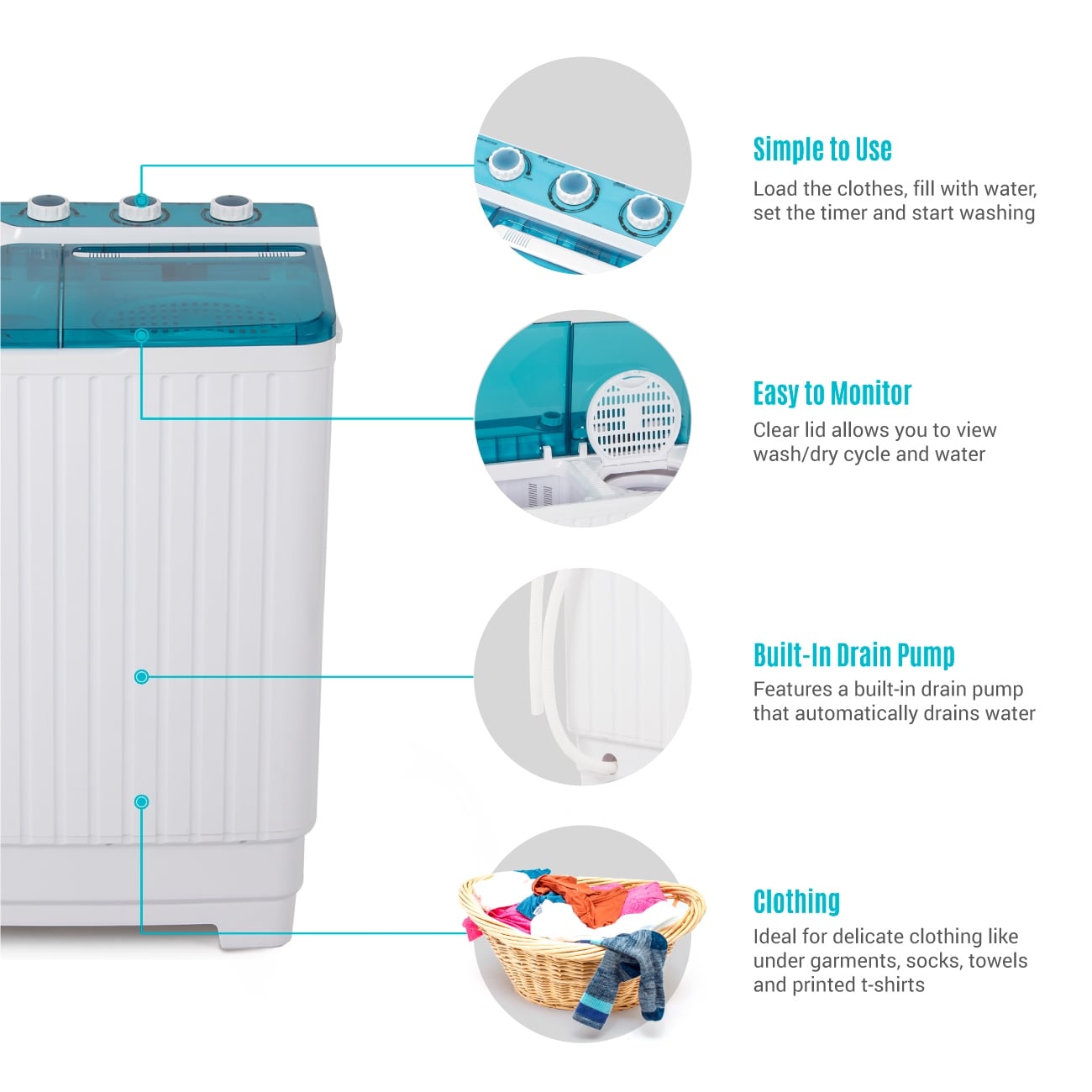 DELLA 9KG Mini Compact Twin Tub Portable Washer Spin Dryer Cycle