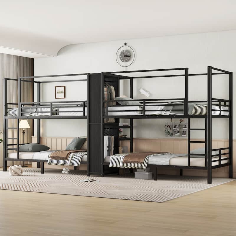 Quadruple Metal Bunk Bed with Built-in Storage Shelves & Wardrobe, Sturdy Black Frame
