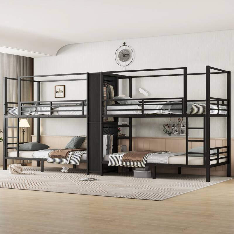 Quadruple Metal Bunk Bed with Built-in Storage Shelves and Wardrobe