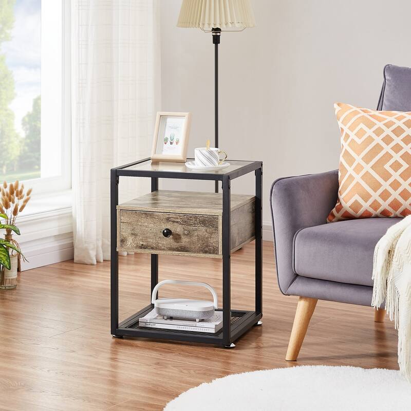 VECELO Modern 1- Drawer Nightstands with Tempered Glass Top