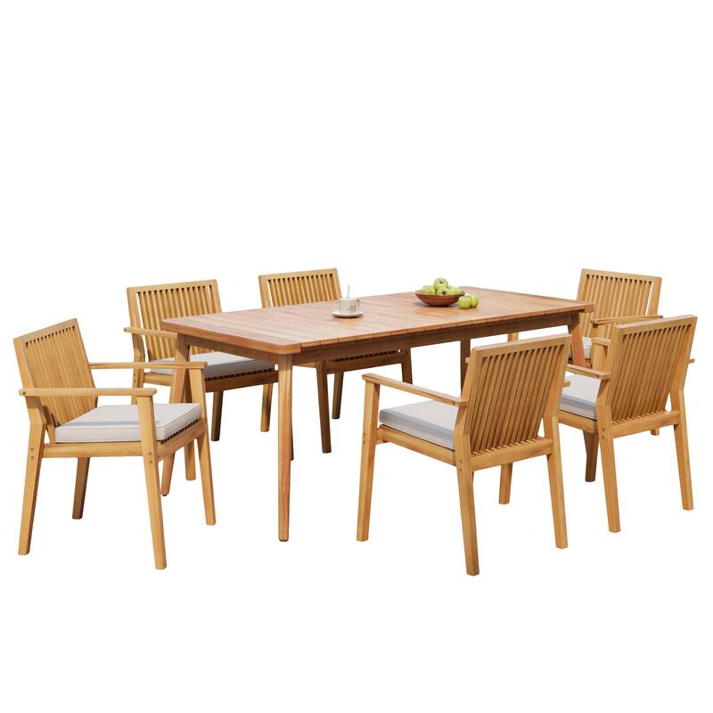7-Piece Acacia Wood Outdoor Dining Set, 72"W Slatted Table & 6 Chairs with Removable Cushions for Patio Garden