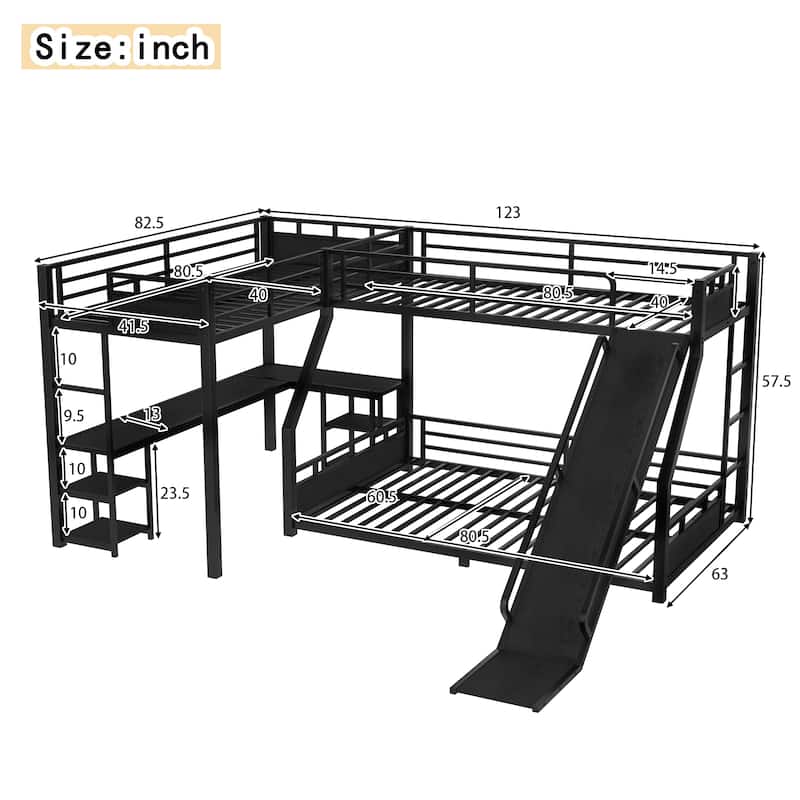 L-shaped Triple Bunk Bed with Loft Bed and Bunk Bed, Metal Storage Bed Frame with Integrated Desk, Open Shelves and Slide