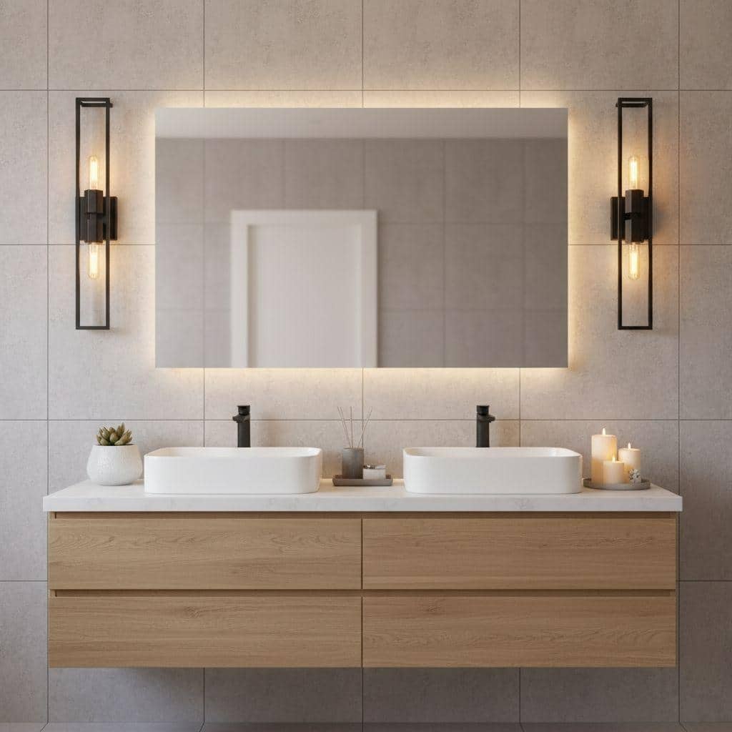 2 Bulb Metal Frame Wall Scones, Square Symmetrical Structured Rectangular Vanity Wall Light (Set of 1)