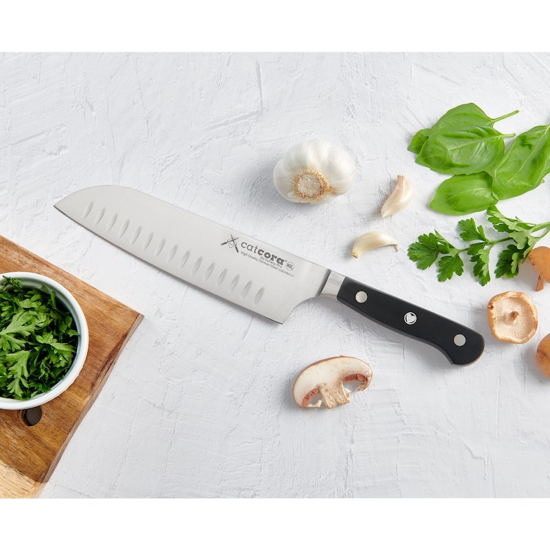 CatCora Forged Granton Santoku Knife, Professional 7-Inch German Steel Blade, NSF-Certified Kitchen Knife - Aluminum