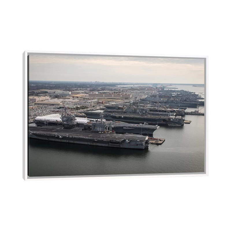 iCanvas "Aircraft Carriers In Port At Naval Station Norfolk, Virginia I" by Stocktrek Images Framed - White - 18x26