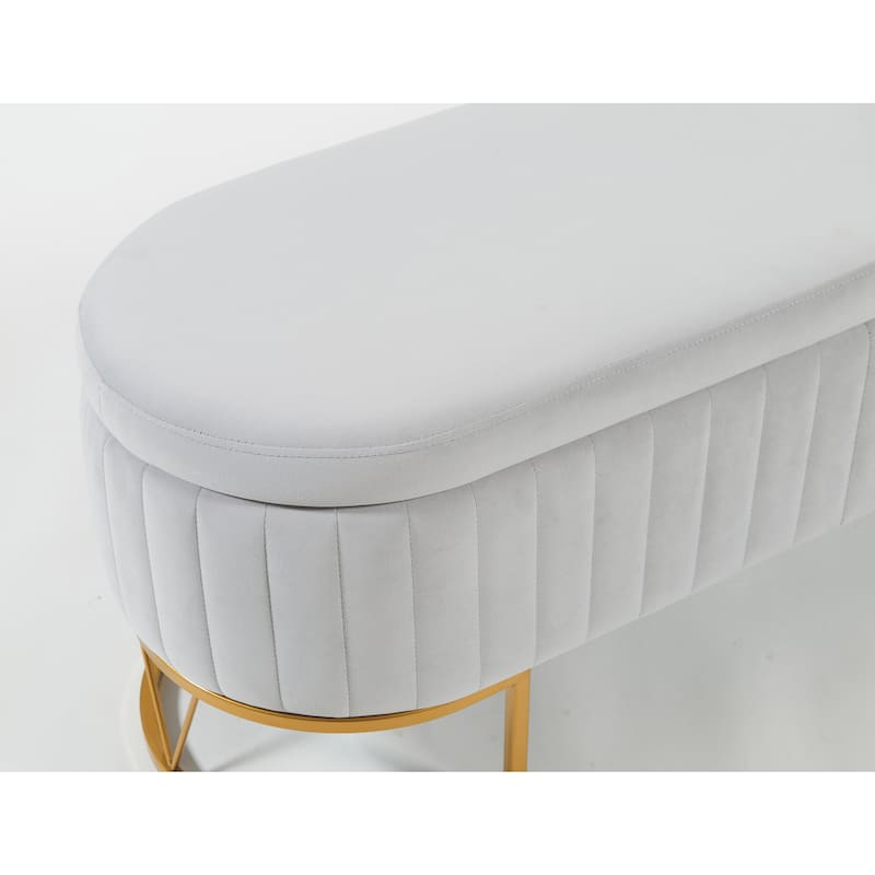 Oval Velvet Storage Bench with Metal Legs - Upholstered Bedroom Bench, Modern Storage Ottoman Bench for Living Room or Bedroom