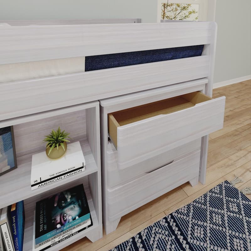 Max and Lily Farmhouse Twin Low Loft with Dresser, Bookcase and Desk