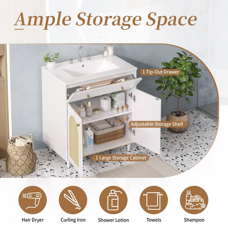 Woven Rattan Bathroom Vanity / Single Ceramic Sink Bathroom Cabinet