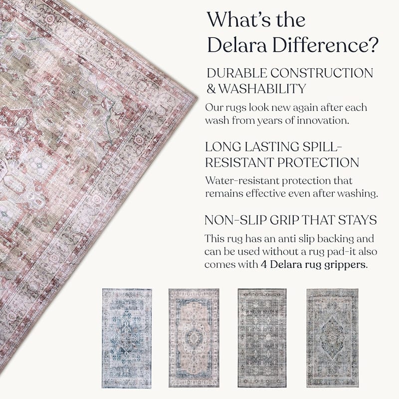 Delara Machine Washable Area Rug, Soft & Durable, Non-Slip Backing, Eco- Friendly GRS certified.