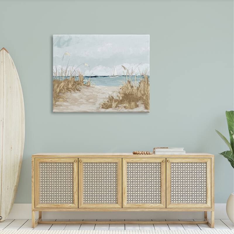 Stupell Sandy Beach Walkway Distant Sailboats Floating Sea Canvas Wall Art, Design by Julie Derice