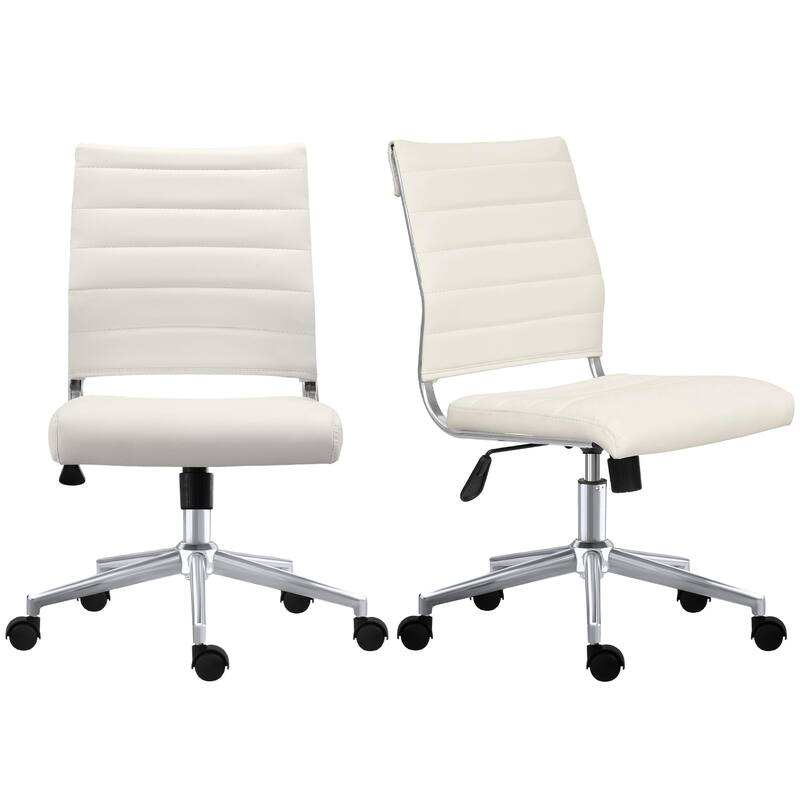 Set of 2 Modern Ergonomic Executive Mid back PU Leather Office Chairs No Arms Rest Tilt Adjustable Height With Wheels - White