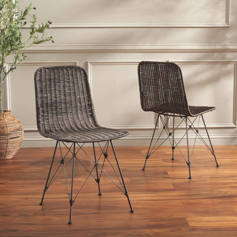 SAFAVIEH Minerva Tropical Boho Woven Dining Chair (Set of 2) - 18"W x 20"D x 34"H - Dark Brown/Black