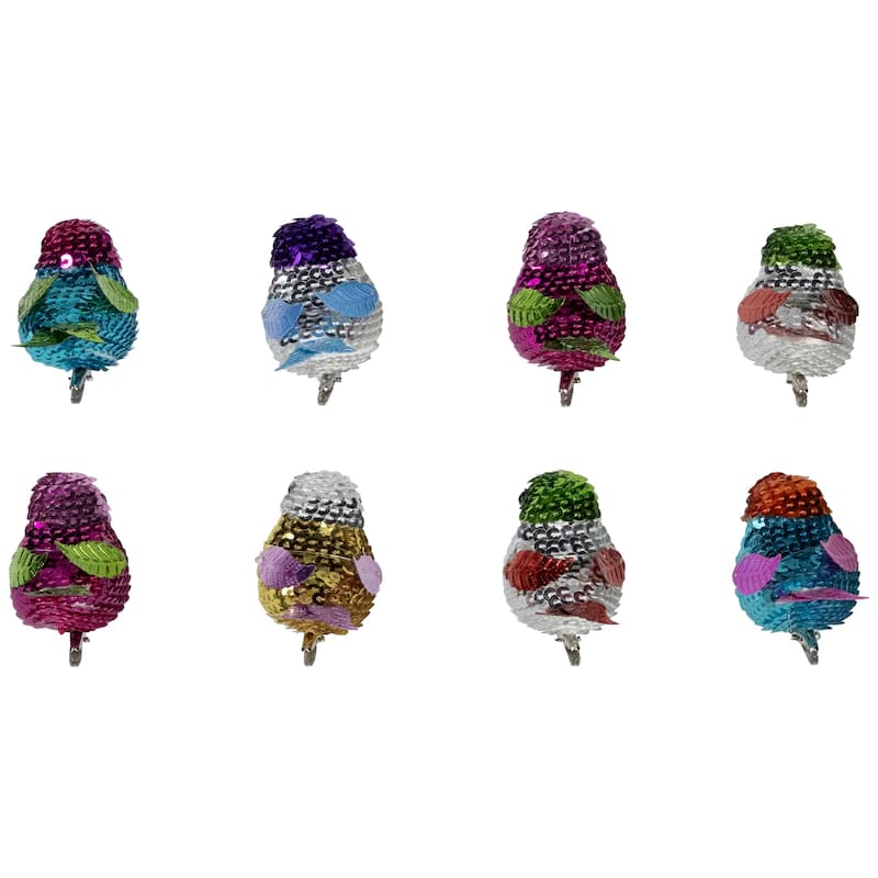 Sequined Birds Clip-On Christmas Ornaments - 2.75" - Multicolor - Set of 8