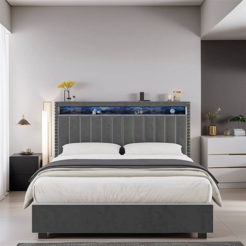 Full Size Velvet Platform Bed with LED Lights and Storage Headboard