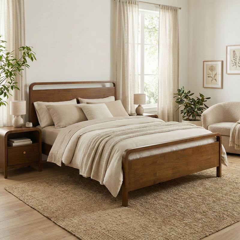 Roundhill Furniture Eldren Wood Bedroom Set, Platform Bed with Two Nightstands in Walnut Finish