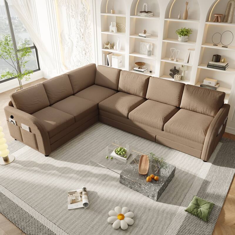 Sectional Sleeper Sofa with Pull Out Bed, Convertible Teddy Fabric Couch with Side Pockets & USB Ports, L Shaped Modular Couches
