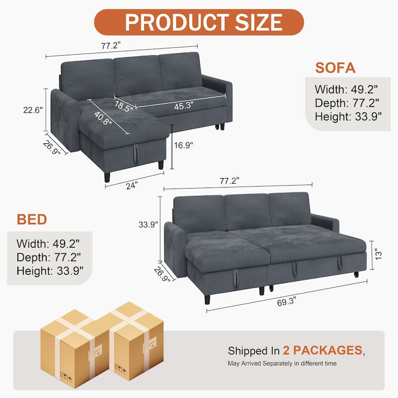 Futzca 3-in-1 Convertible Corduroy Sofa Bed with Storage, L-Shaped Sectional Couch