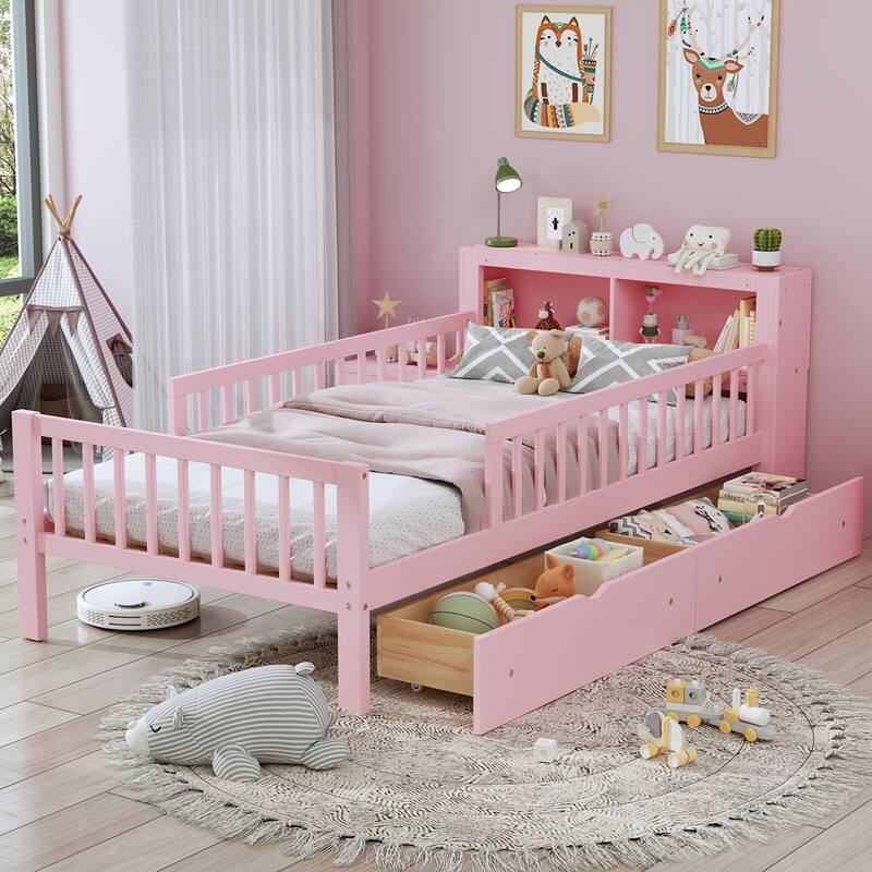 Twin Size Bed with Headboard Storage Rack