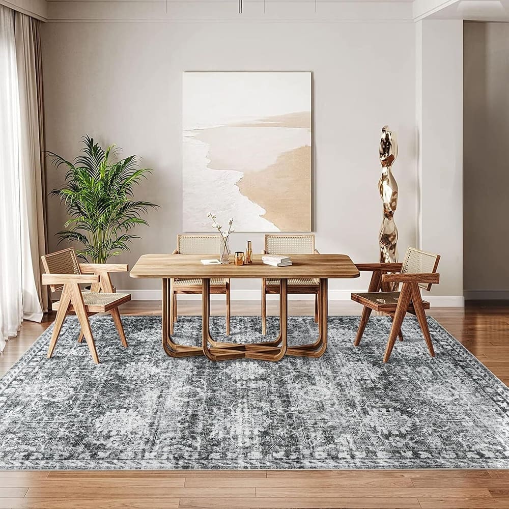 Vintage Boho Washbale Floor Cover Area Rug for Bedroom, Living Room, Black + Grey - 1'6" x 2'6"