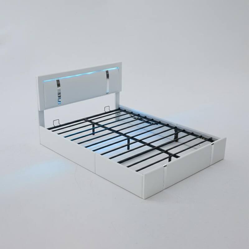 Queen Bed Frame with Adjustable LED Lights Headboard, USB-C Charging Ports, Upholstered Platform Bed, Metal Slats Support
