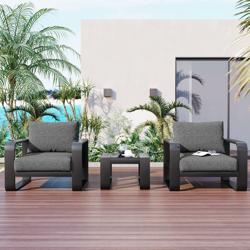 Roomfitters 3-Piece Aluminum Frame Patio Furniture Set with Thick Cushions and Coffee Table, Gray and Black - Black