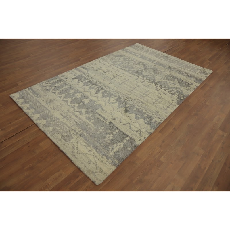Hand-knotted Modern Wool Beige Geometric Area Rug Oriental Carpet - 7' 7'' X 4' 10''
